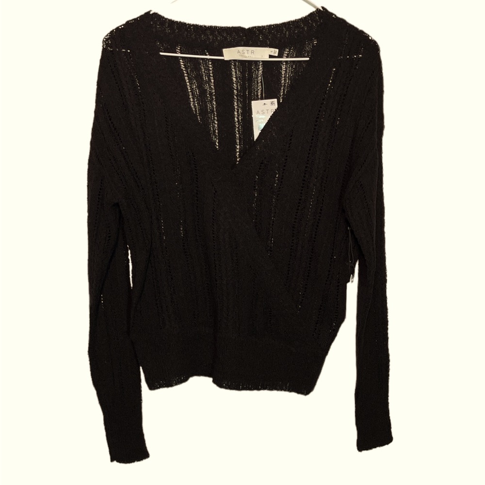 ASTR the Label Wrap Front Pointelle Sweater Black Size small NWT business casual